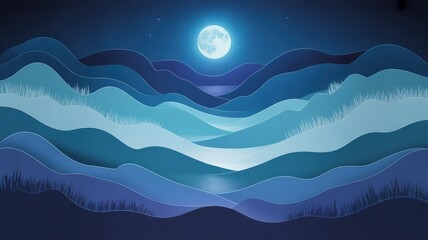 Abstract moonlit night landscape with layered mountains and full moon