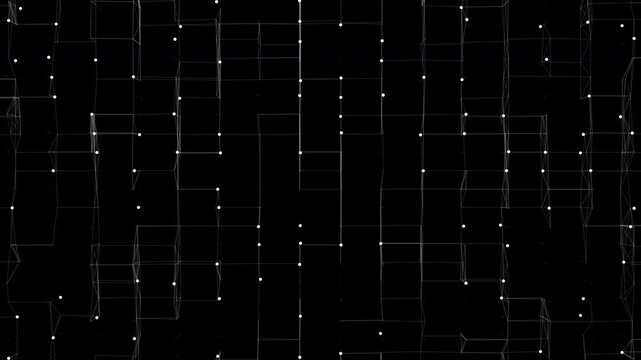 Technical grid structure featuring pulsating data points and neural nodes. Ideal for artificial intelligence, quantum processing, and tech overlays.