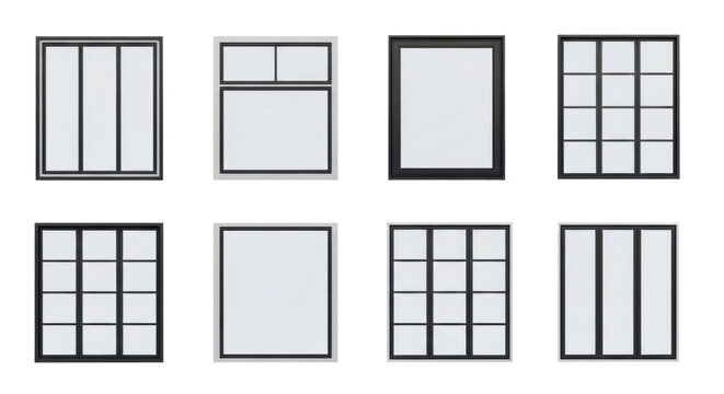 A collection of various modern black window frames with white frosted glass panes for contemporary architectural projects and building facade designs