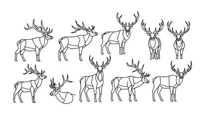 Obraz premium Modern geometric elk line art set abstract deer silhouettes minimalist wildlife vector illustration