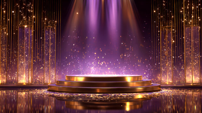 Luxurious gold stage with purple lights and glittering confetti on floor ai generated image