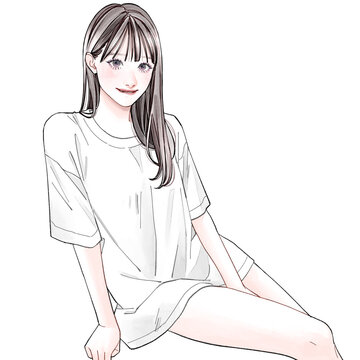 はにかみながら座っている女性