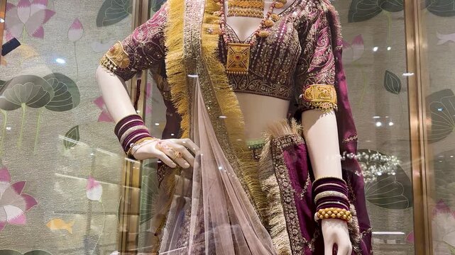 bridal mannequin wearing traditional indian lehenga with heavy gold jewelry display