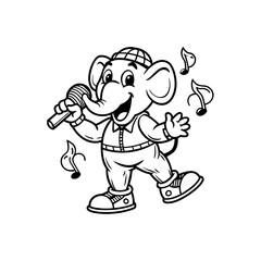 Fototapeta premium Cartoon elephant character singing into a microphone with musical notes, black and white line art illustration.