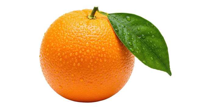 Fresh Orange with Water Droplets and Green Leaf