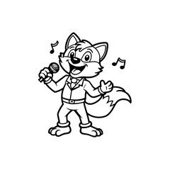 Fototapeta premium A cheerful cartoon fox character singing into a microphone, with musical notes, depicted in black and white line art.