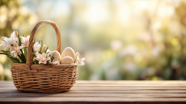 Minimal Easter Scene With Wooden Basket And Large Copy Space For Branding