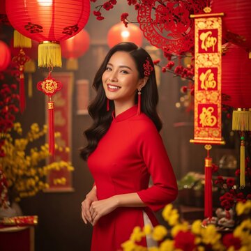 Smiling Woman in Red Ao Dai Among Lunar New Year Decorations