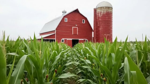 Panning tracking shot of red barn framed by corn rows with silo in rural farmland under overcast sky