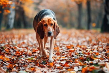 Naklejka premium Dog Walking Through Autumn Leaves Landscape