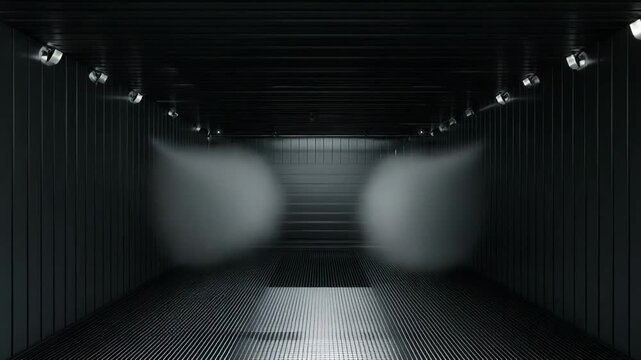 Industrial chamber featuring a ventilation system releasing mist and vapor, illuminated by bright overhead and accent lighting, creating a clean, futuristic, and sterile environment