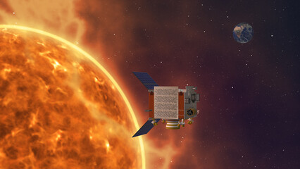 A spacecraft floating in orbit around sun in outer space © jitendra jadhav