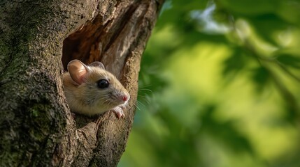 Naklejka premium Curious Mouse Peeking from Tree Hollow