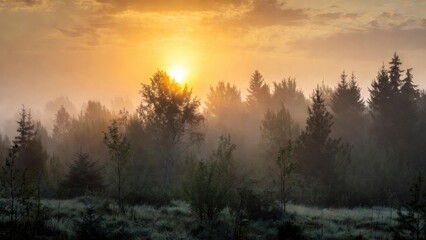 Sun rising behind foggy conifer trees in early morning forest