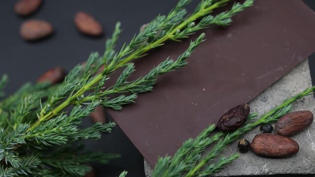 Dark chocolate, aged in juniper gin. Juniper branch and cocoa beans. Unique flavor, chocolate marketing, and gifts. Mockup. Shallow depth of field.