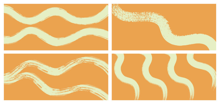 Abstract Wavy Brush Stroke Background Set in Warm Orange and Soft Mint. Grunge Brush Stroke Waves Pattern Set. Vector illustration 