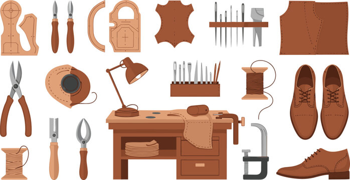 Leather Craft Workshop Illustration Set with Tools, Sewing Equipment, Shoe Making Process, Handmade Accessories and Artisan Workspace for Fashion and Craftsmanship Design