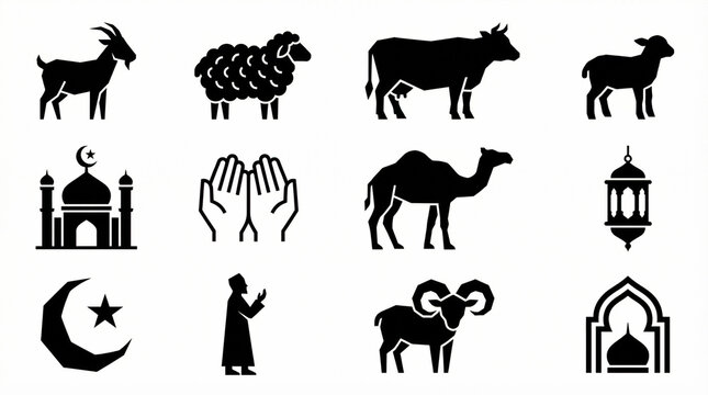 Bakra eid islamic symbols and animals in black silhouette on white background for muslim celebration