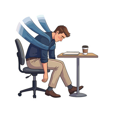 Man slouches in chair with back pain at desk with coffee