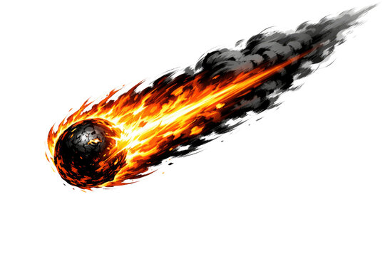 Fiery meteor falling through atmosphere, burning asteroid with black smoke trail, flaming fireball comet crashing in space, cinematic cosmic impact isolated PNG with Transparent Background