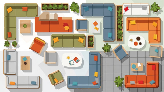 Living Room Furniture Plan Vector Set with Sofa Layouts Lounge Seating Arrangements and Interior Design Top View Blocks