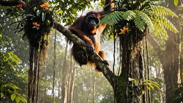 A large primate with reddish-brown fur climbs a tree in a lush, sun-dappled forest environment