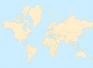 Simplified world map vector in Mercator projection (110m), cropped 85°N–60°S with atlas-style colors. Editable vector with layers named by country (English) © StockByFakt