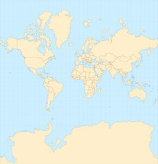 Fototapeta premium Simplified world map vector in Mercator projection (110m) with atlas-style colors and clean country borders. Editable vector with layers named by country (English)