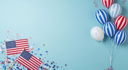 Obraz premium Festive memorial day background with american flags and balloons honoring heroes