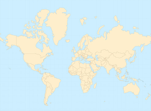 Simplified world map vector in Mercator projection (110m), cropped 85&deg;N&ndash;60&deg;S with atlas-style colors. Editable vector with layers named by country (English)