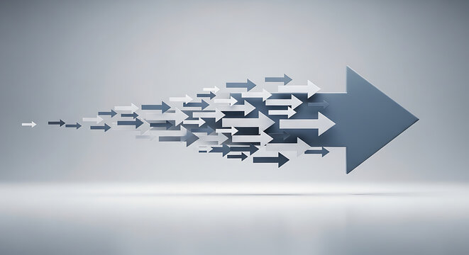 Many small arrows merge and accelerate into one large, powerful arrow, symbolizing unity, progress, and focused direction towards a common goal.