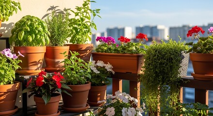 Fototapeta premium Vibrant summer garden oasis with potted plants and flowers on a sunny balcony
