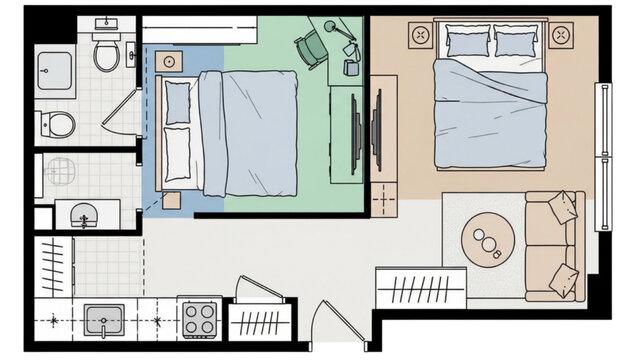 Two Bedroom Apartment Floor Plan with Kitchen Living Room and Furniture