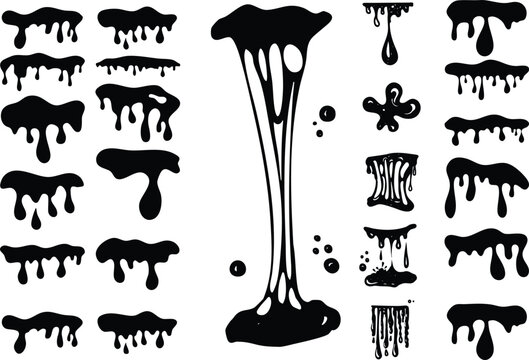 A collection of black liquid dripping shapes with realistic paint, ink, and slime flow effects. Includes various drips, splashes, drops, and abstract fluid forms isolated on background