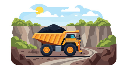 Modern vector illustration of heavy mining dump truck loaded with ore in quarry environment, industrial transport concept © Amie