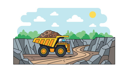 Modern vector illustration of heavy mining dump truck loaded with ore in quarry environment, industrial transport concept © Amie