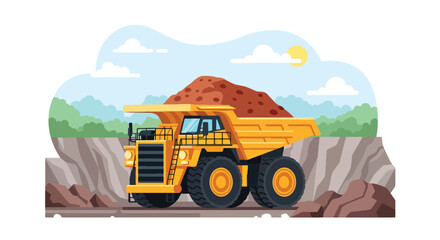 Modern vector illustration of heavy mining dump truck loaded with ore in quarry environment, industrial transport concept © Amie