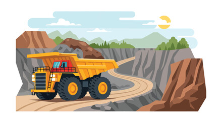 Modern vector illustration of heavy mining dump truck loaded with ore in quarry environment, industrial transport concept © Amie
