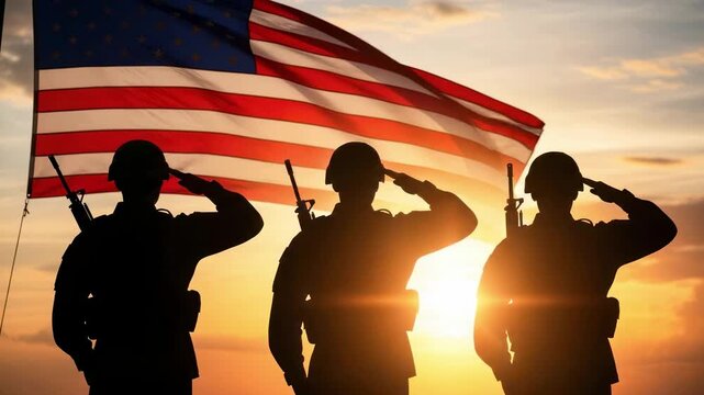 Soldiers salute the American flag at sunset, showcasing unity and respect in a patriotic display against a vibrant sky backdrop