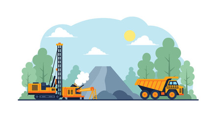 Flat style vector illustration of mining drilling rig blasting rock with explosion effect and dump truck loading materials, industrial extraction process in open pit quarry site © Amie