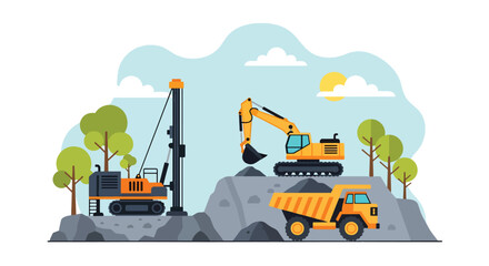 Flat style vector illustration of mining drilling rig blasting rock with explosion effect and dump truck loading materials, industrial extraction process in open pit quarry site © Amie