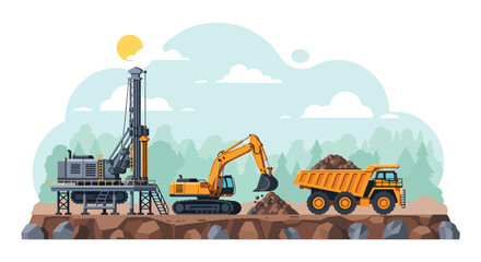 Flat style vector illustration of mining drilling rig blasting rock with explosion effect and dump truck loading materials, industrial extraction process in open pit quarry site © Amie