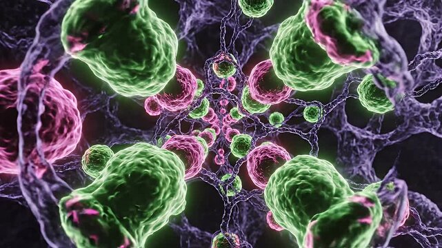 Abstract Molecular Structure with Vibrant Colors - A mesmerizing depiction of an abstract molecular structure showcasing green and pink components interconnected in a complex network.