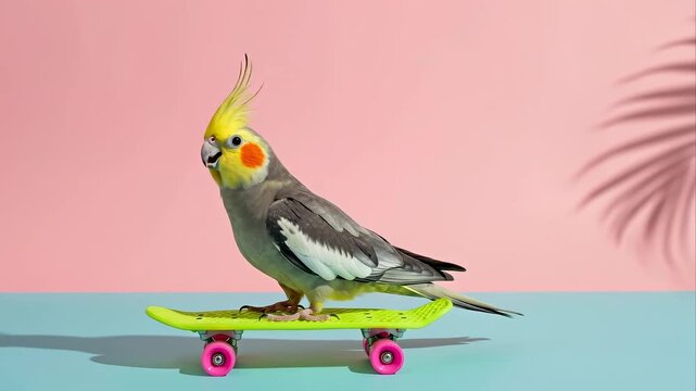 Tracking shot of cockatiel riding skateboard across pastel studio backdrop with palm shadow, slow dolly pan following bird balancing on toy board