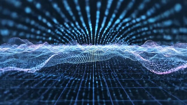 Digital Landscape Visualization - This video depicts a complex network of blue and purple dots connected by lines, resembling a topographical map or terrain in a digital landscape.
