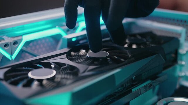 Closeup of service technician gloved hand checking and cleaning fan blades of powerful video card, performing essential maintenance inside illuminated custom pc build. Shooting in slow motion.
