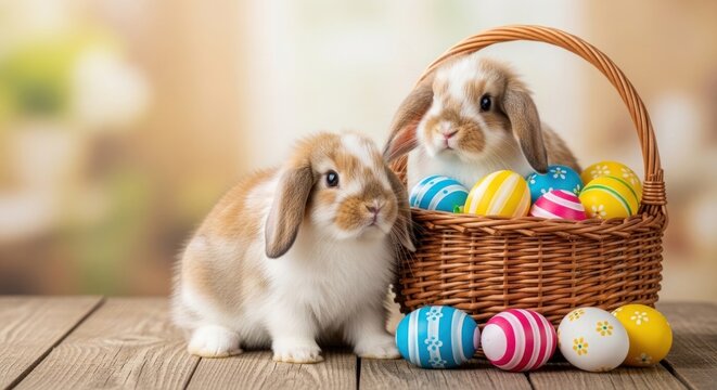 A charming scene of two rabbits nestled in a cozy wicker basket, surrounded by vibrant Easter eggs, set against a backdrop of a rustic wooden table and a softly blurred background of a serene garden.
