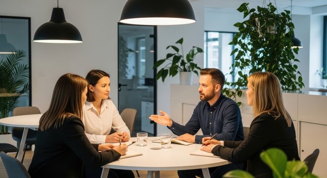 A team collaborates during a meeting in a modern office environment with natural lighting.