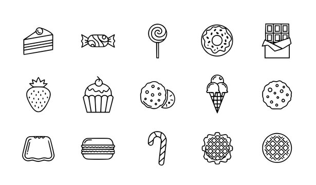 Modern sweet food linear icon pack with cake candy donut strawberry and dessert elements for UI design