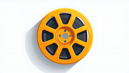 Fototapeta premium Golden film reel illustration with dramatic shadow on white background for cinematic design
